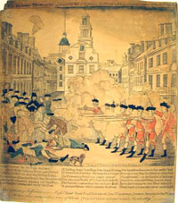 Engraving depicting the British soldiers opening fire on the colonists