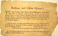 Picture of the invitation by the Sons of Liberty to the Boston Tea Party